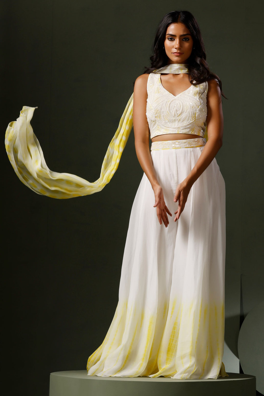 Two Sisters By Gyans White & Yellow Crop Top Sharara Set White / Georgette / CUSTOM Two Sisters By Gyans White & Yellow Crop Top Sharara Set White / Georgette / CUSTOM