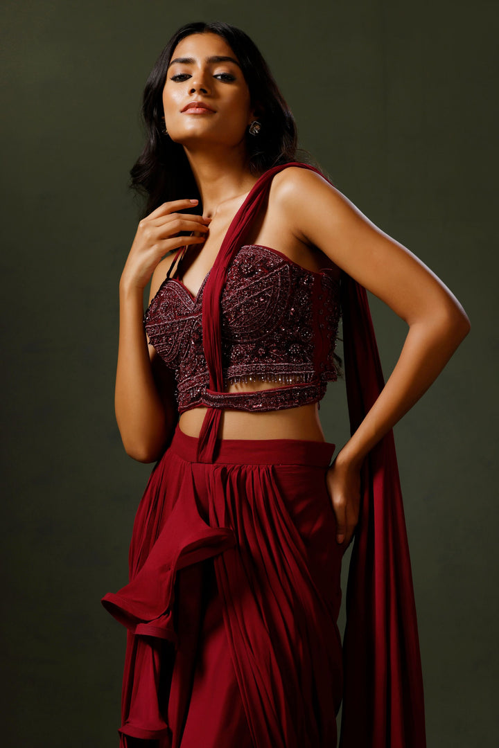 Maroon Drape Saree with Monotonal Embroidered Blouse