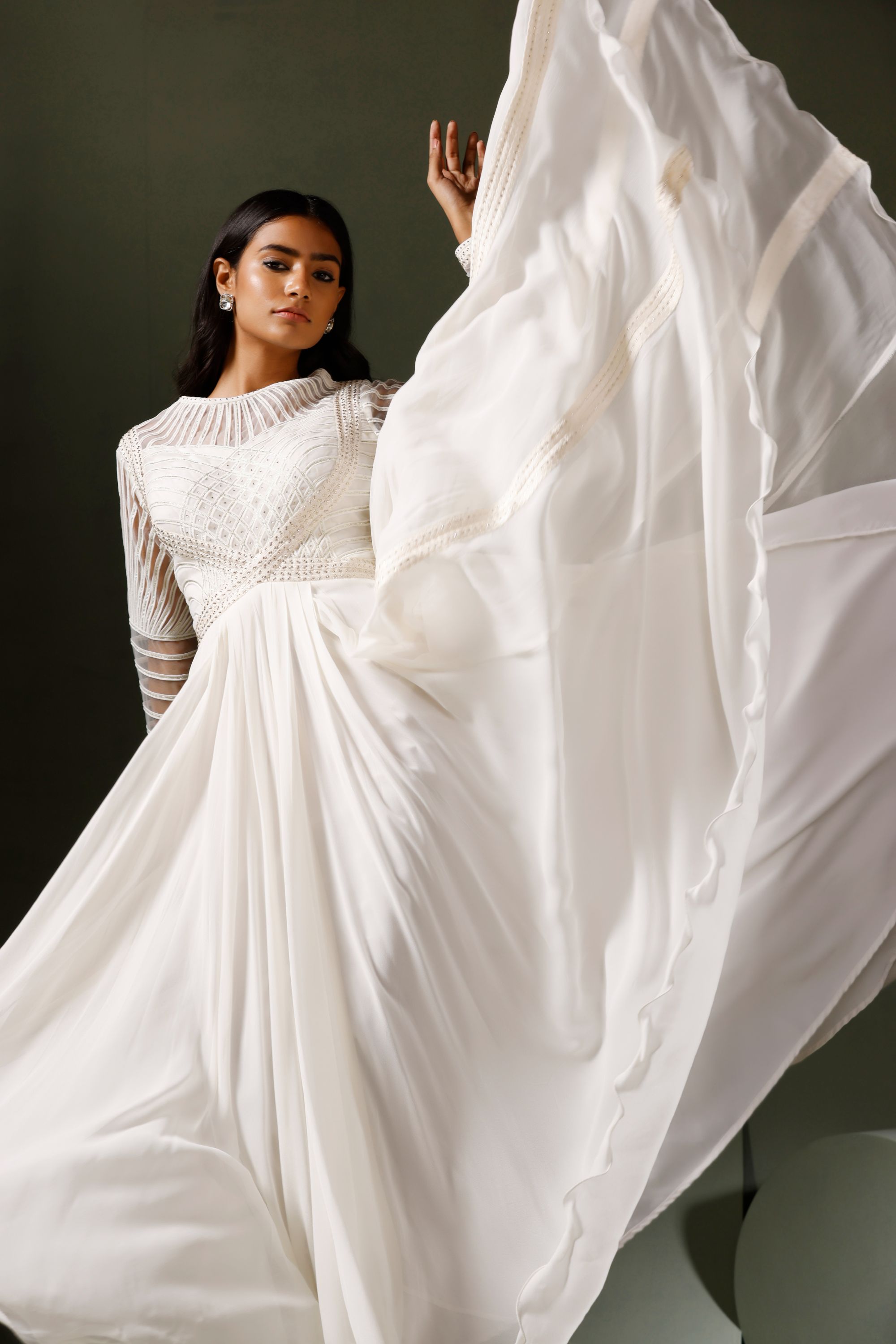White Lace & Crystal Anarkali