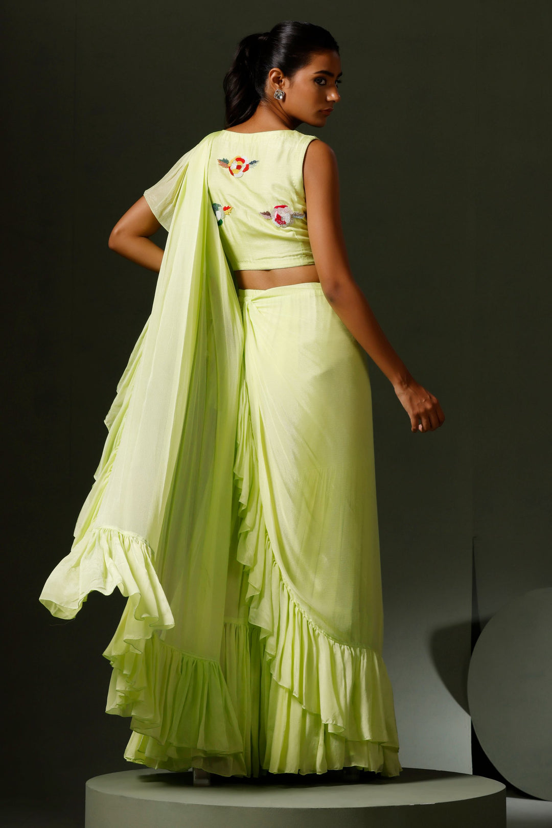 Fresh Green Garara Saree with a Multicolored Embroidered Blouse