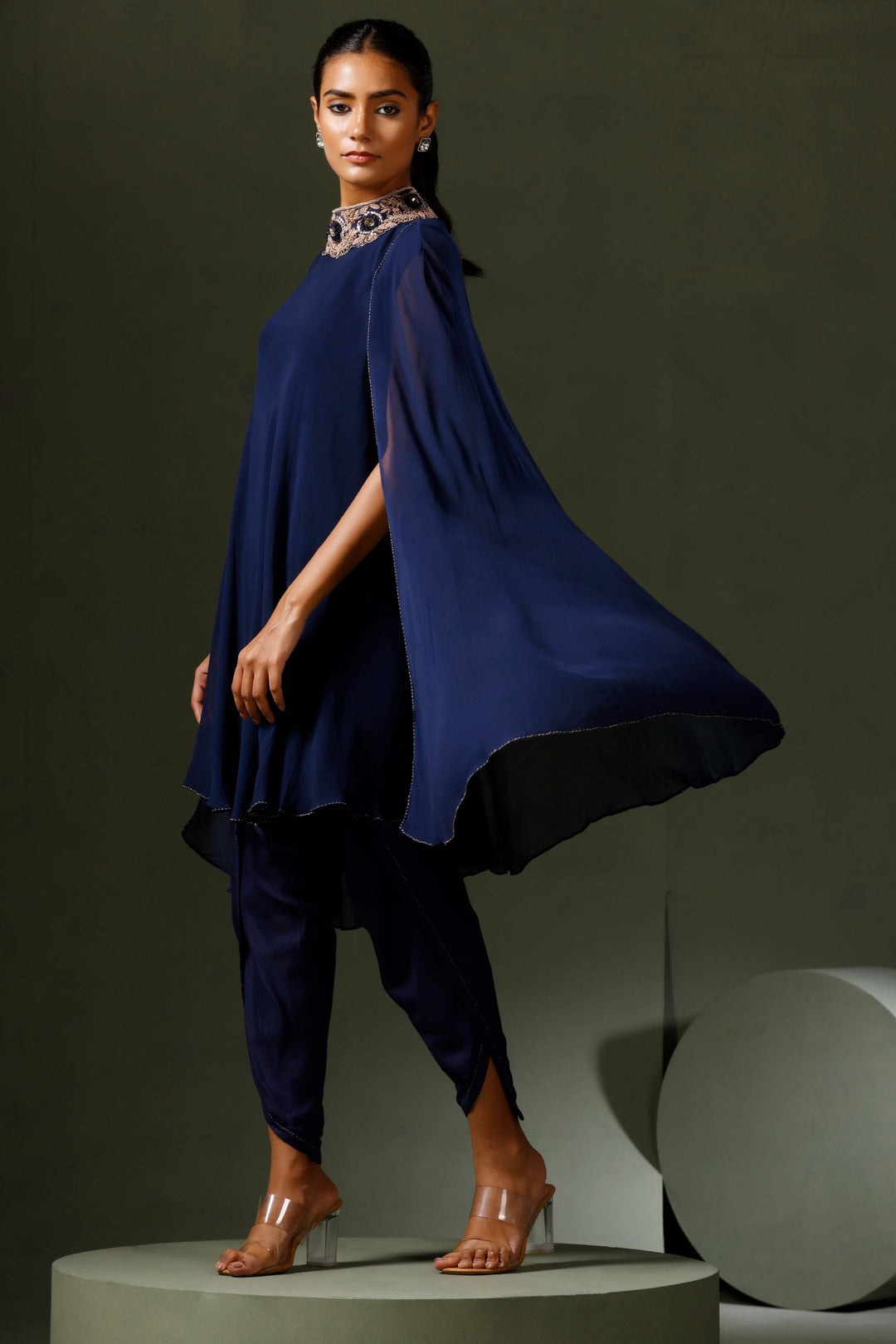 Blue Jeweled Neck Cape with Tulip Pants