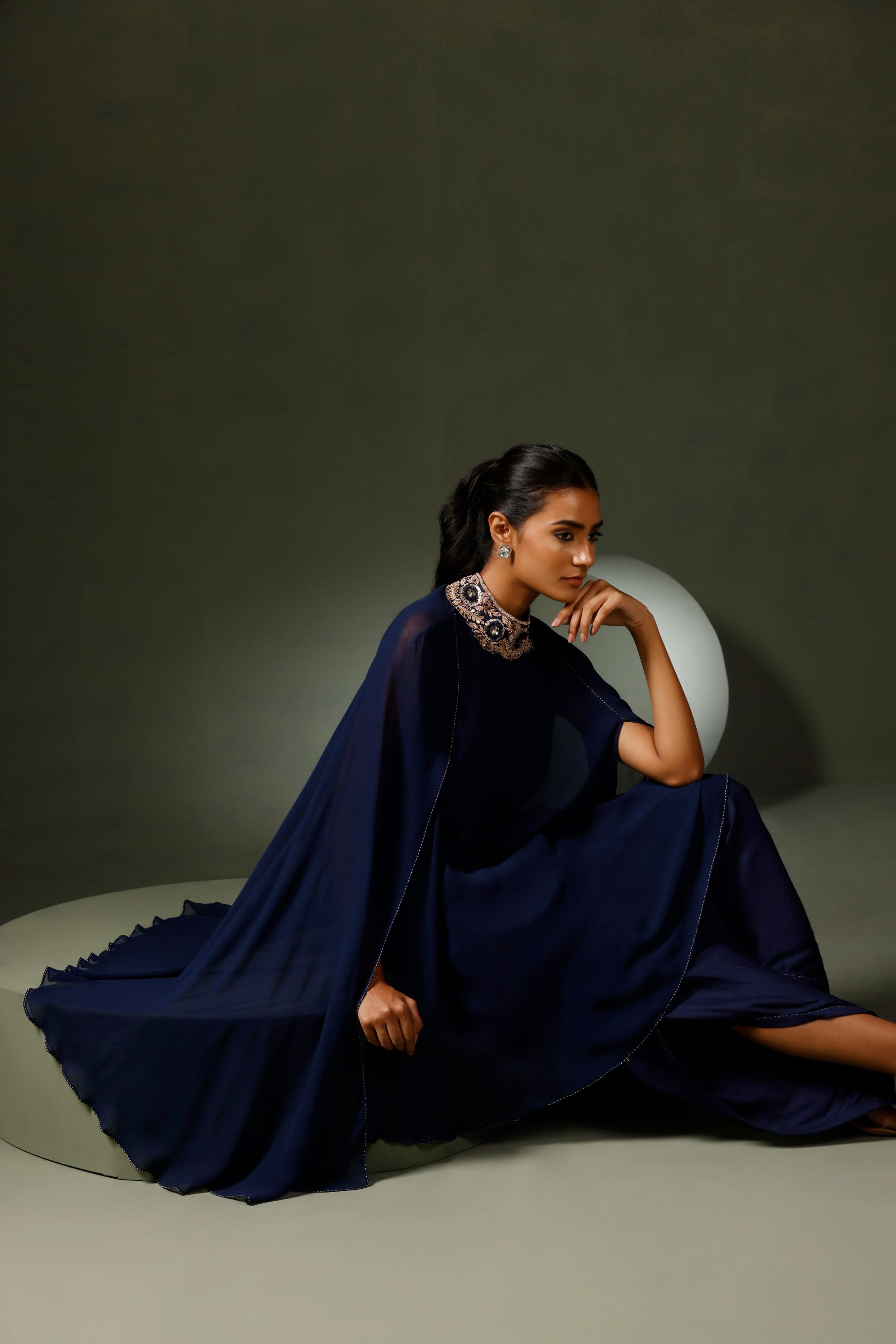 Blue Jeweled Neck Cape with Tulip Pants