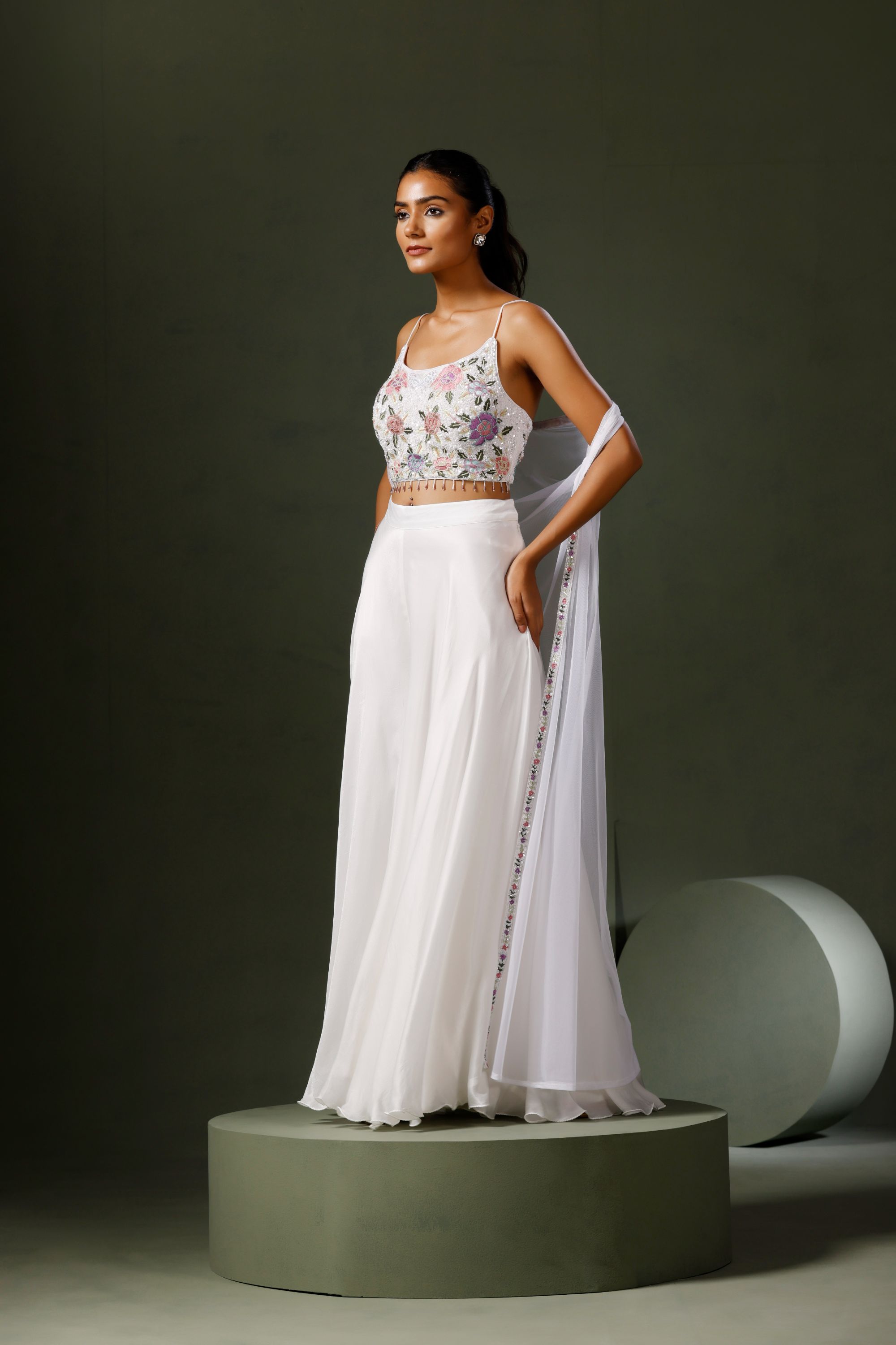 White Sharara Set with Embroidered Top & Net Cape