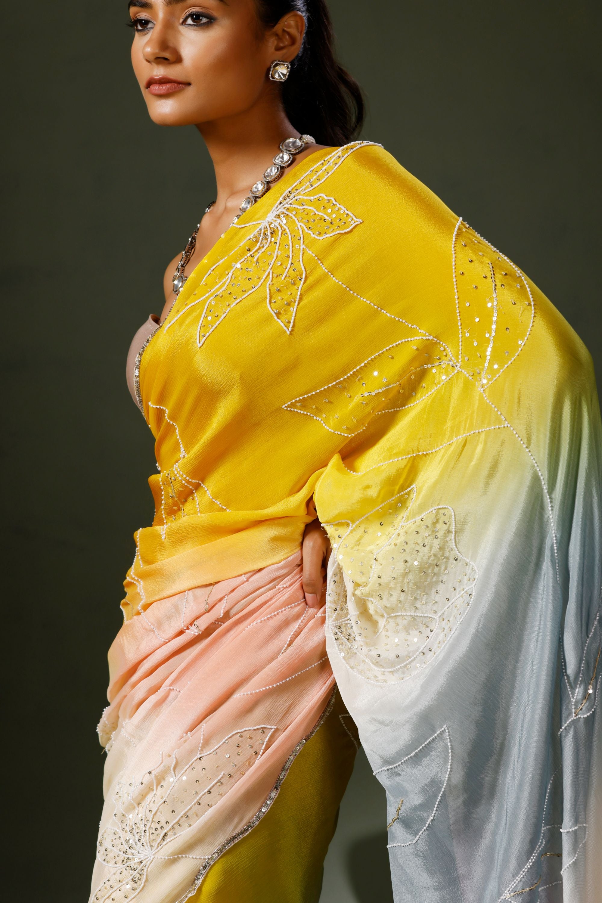 The Maya Saree in Multicolored with Hand Embroidered Sequined Motifs