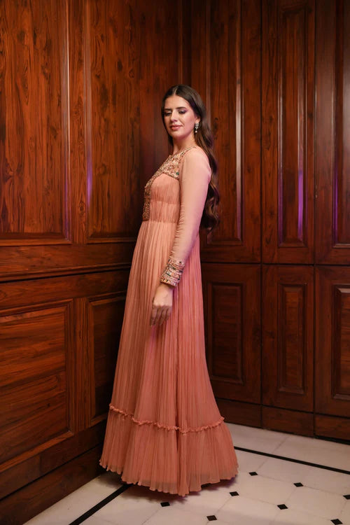 Peach Gathered Full Sleeves Gown