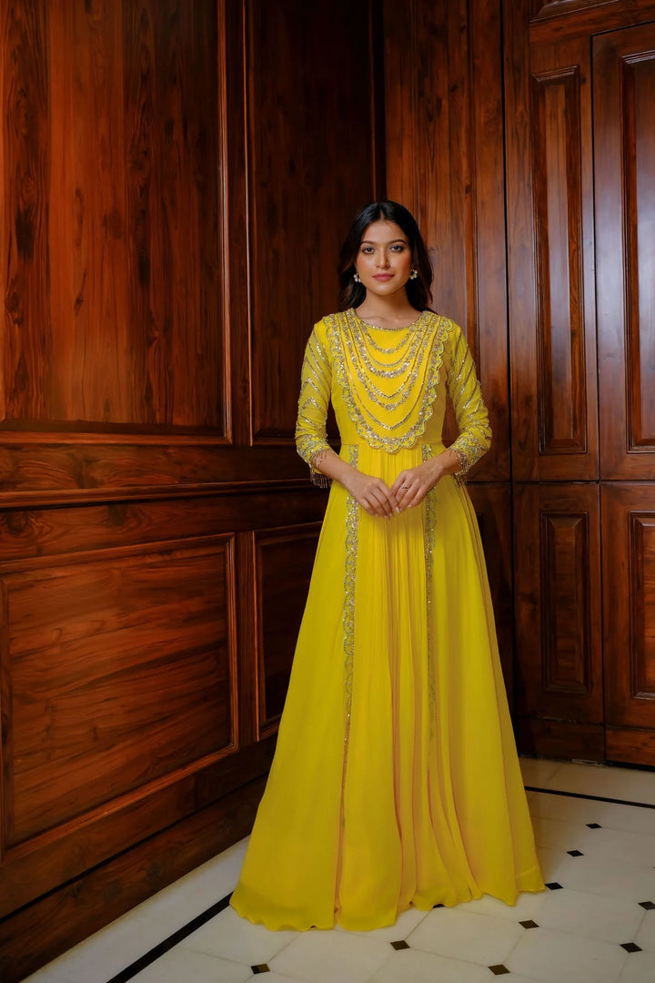 Yellow & Gold Hand Embroidered Gown