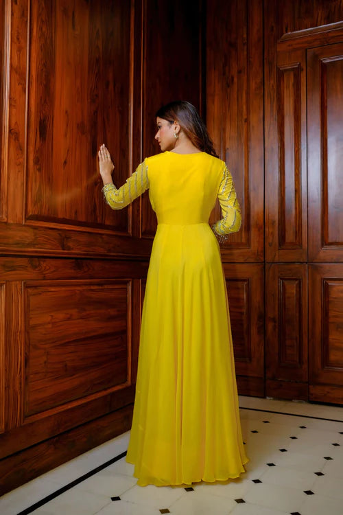 Yellow & Gold Hand Embroidered Gown