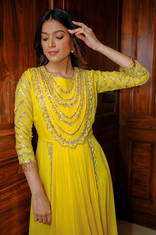 Yellow & Gold Hand Embroidered Gown