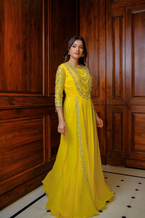 Yellow & Gold Hand Embroidered Gown