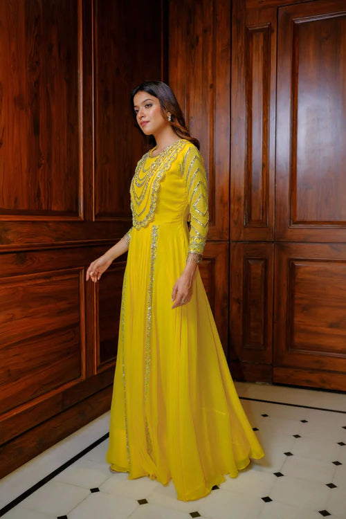 Yellow & Gold Hand Embroidered Gown