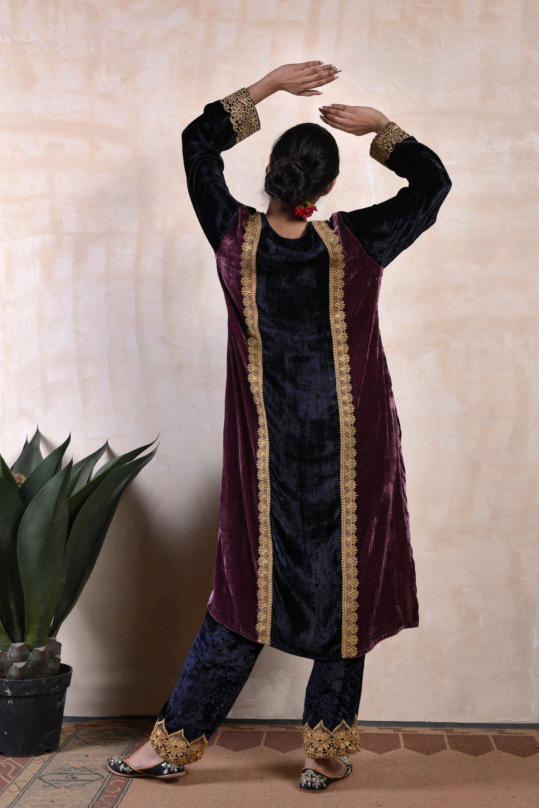 Black & Deep Purple Velvet Kurta Set with Straight Pants