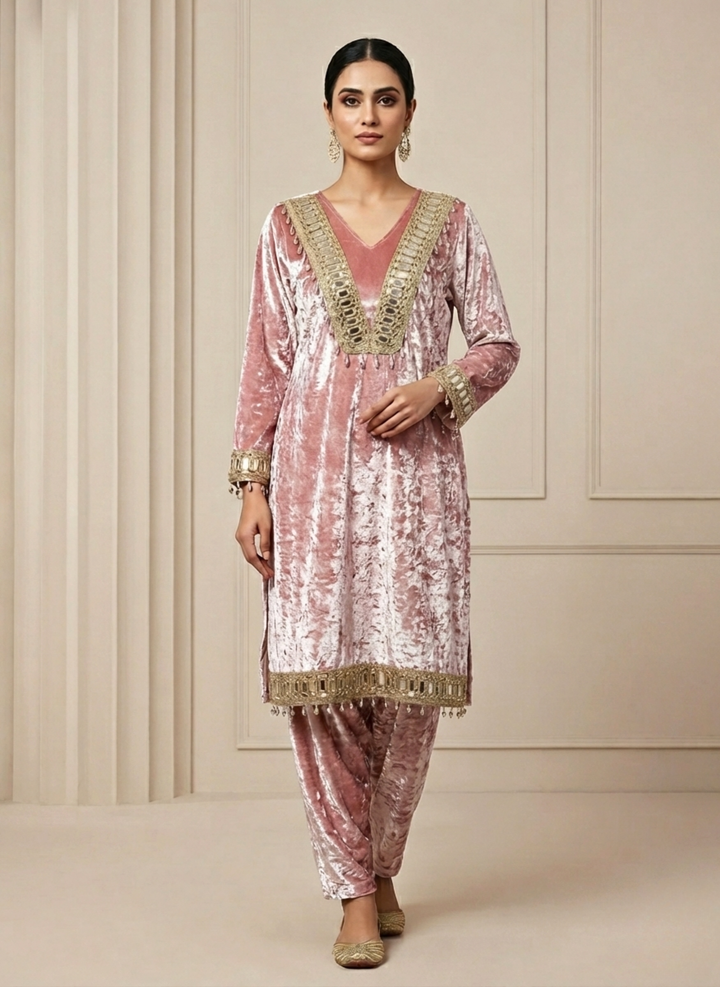 Old Rose Velvet Mirror-Embellished Crushed Velvet Set