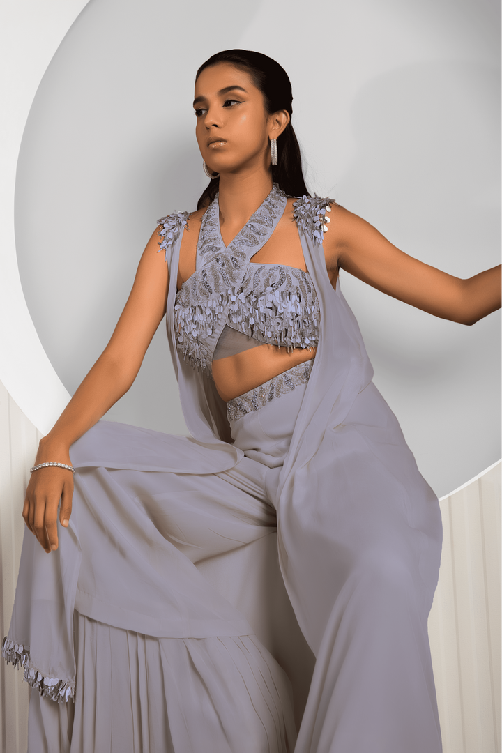 Grey Halter Rop Top Cape & Pant Set