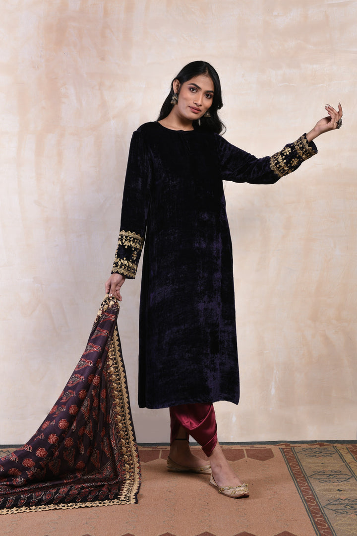 Black Velvet Kurta Set with Floral Printed Dupatta