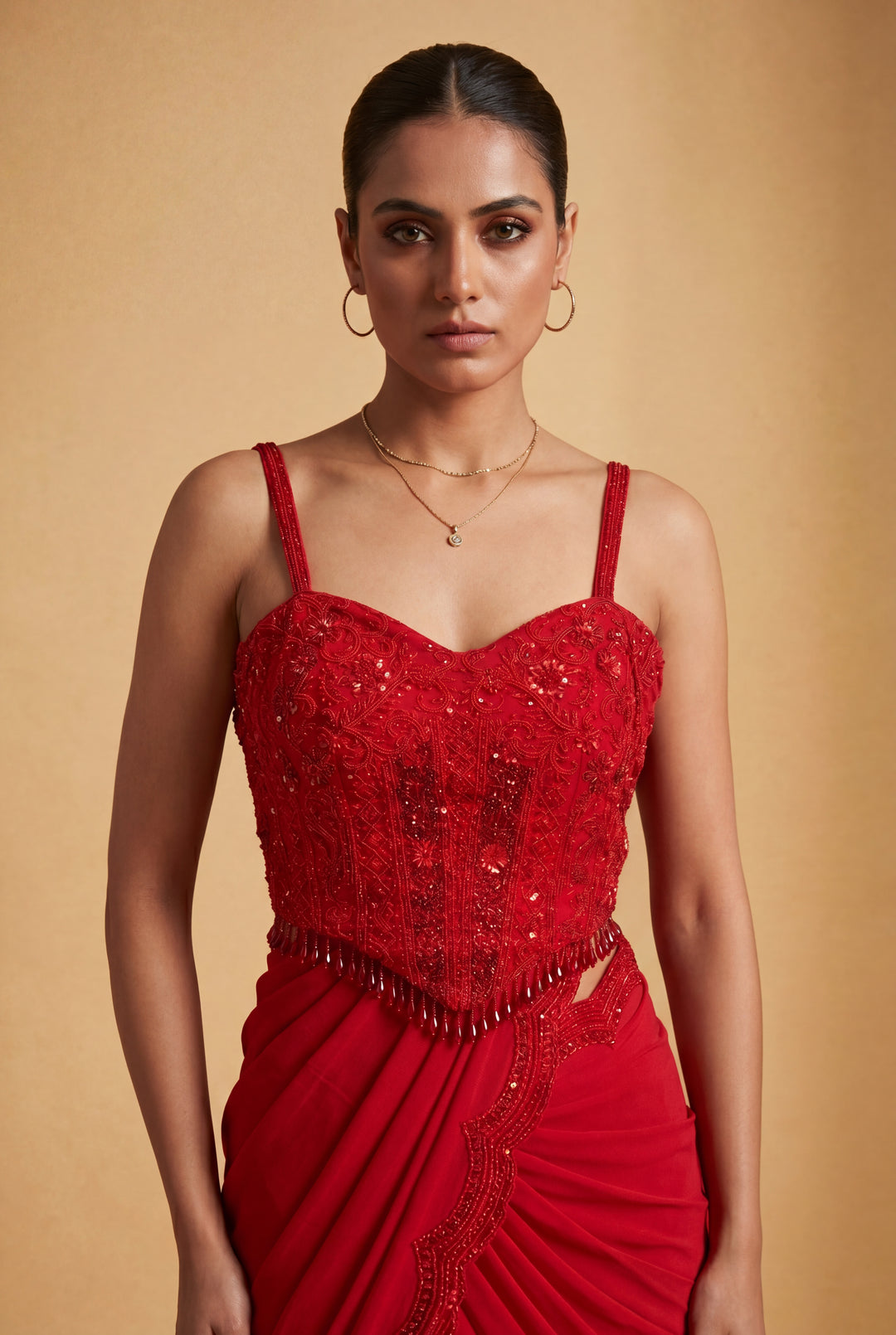 Red Tone-on-Tone Hand Embroidered Sequin & Bead gharara Set