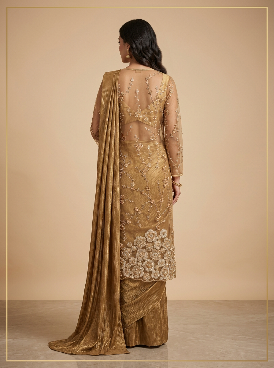 Golden Pre-Draped Saree Set with Embellished Jacket