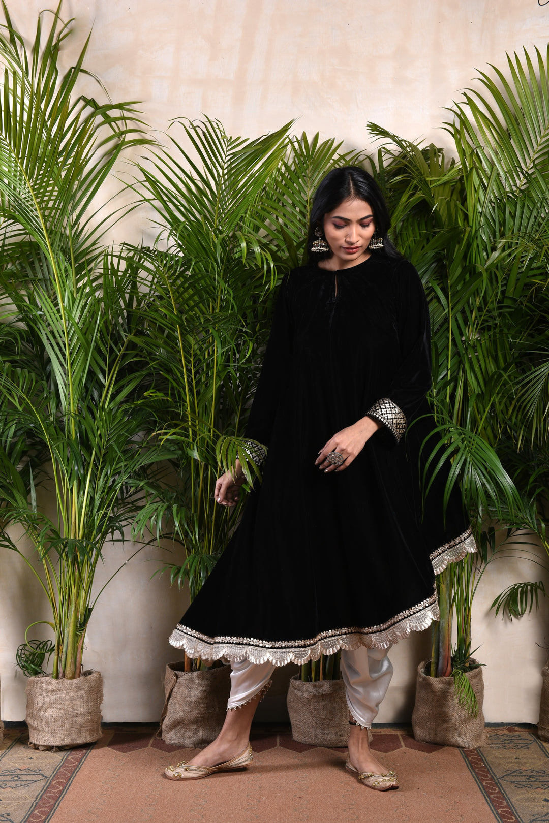 Black Velvet Circular Kurta with Tulip Pants