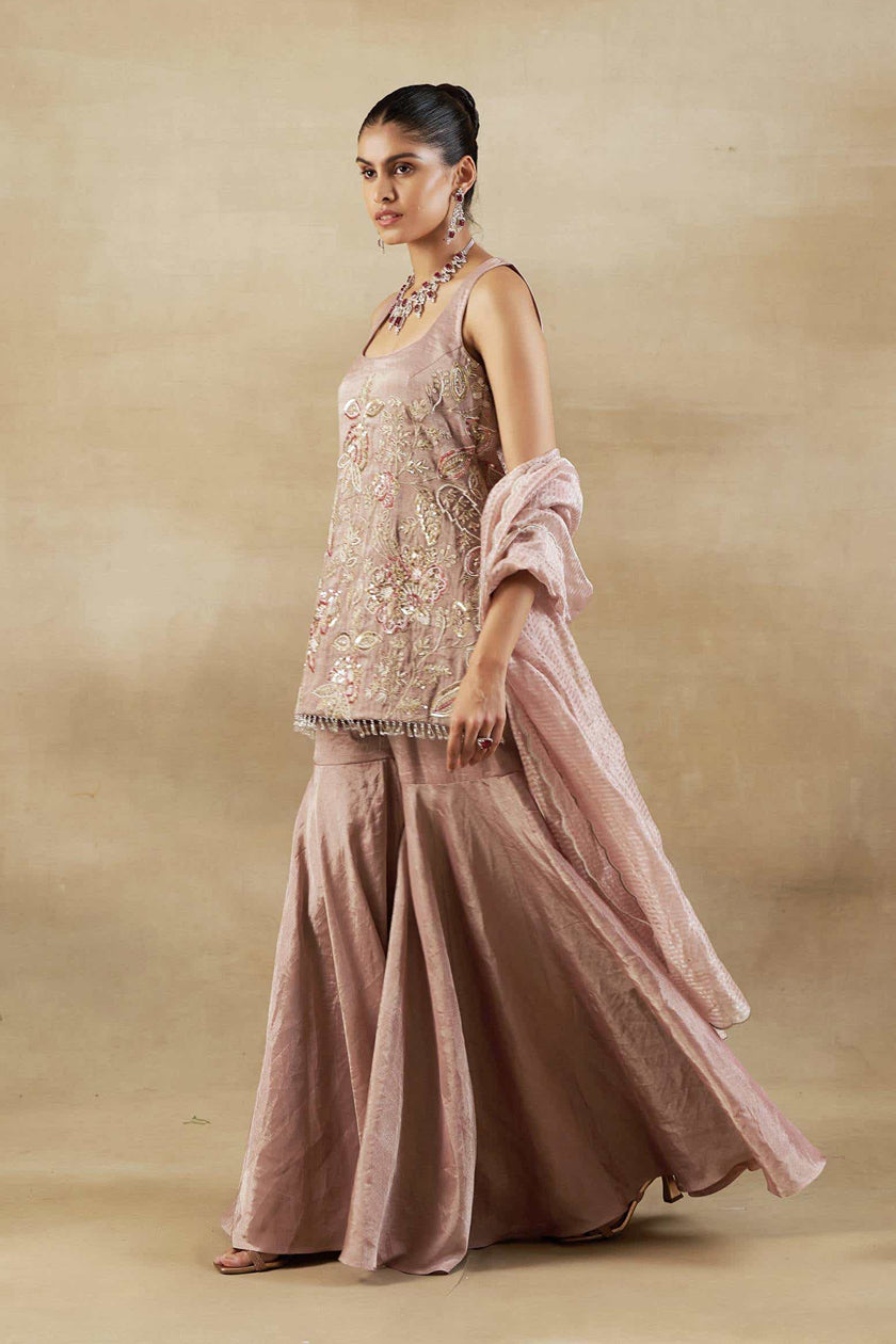 LILAC EMBROIDERED SHORT KURTA WITH SHARARA SET