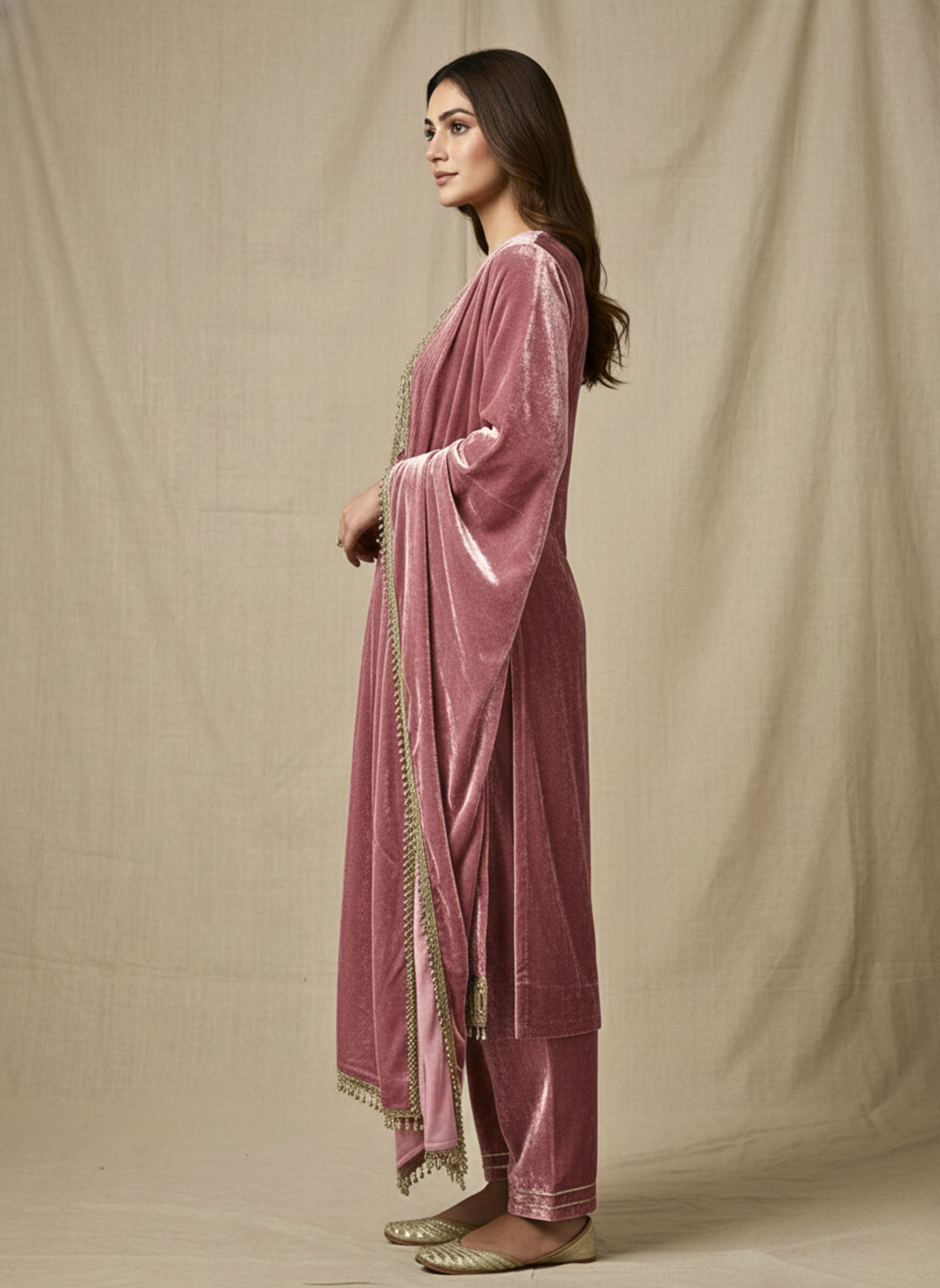 Old Rose Velvet Mirror-Embellished Crushed Velvet Set