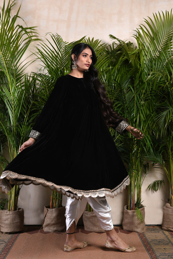 Black Velvet Circular Kurta with Tulip Pants