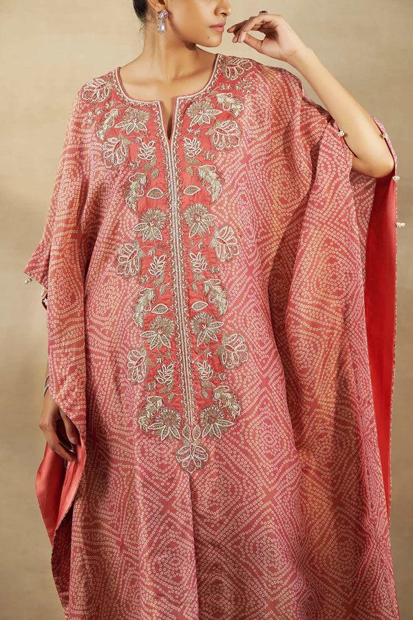 PEACH BANDHANI TISSUE EMBROIDERED KAFTAN WITH SILK PANT