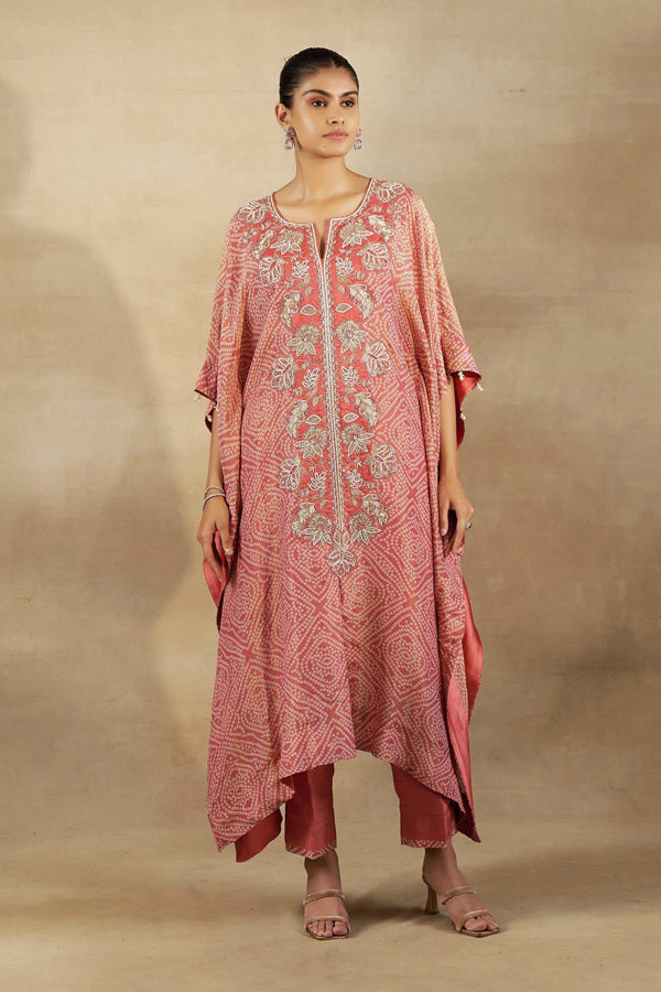 PEACH BANDHANI TISSUE EMBROIDERED KAFTAN WITH SILK PANT