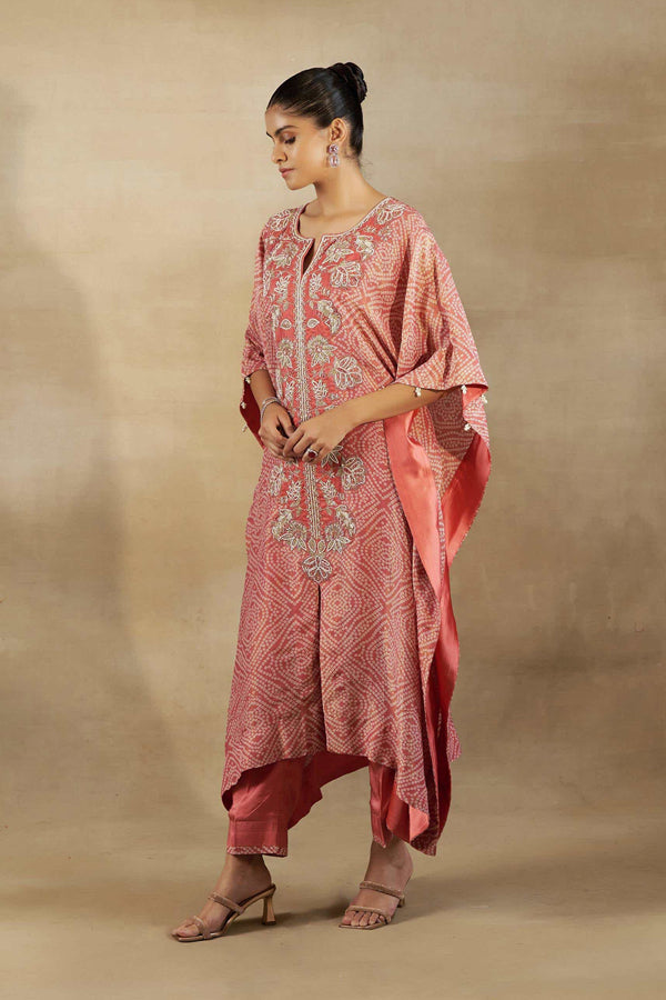 PEACH BANDHANI TISSUE EMBROIDERED KAFTAN WITH SILK PANT