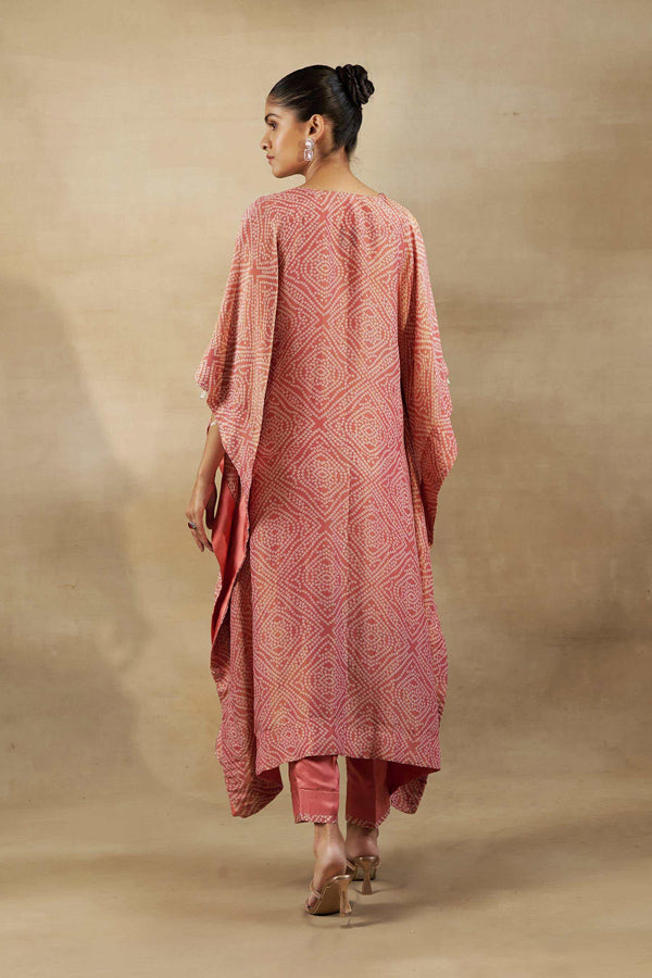 PEACH BANDHANI TISSUE EMBROIDERED KAFTAN WITH SILK PANT