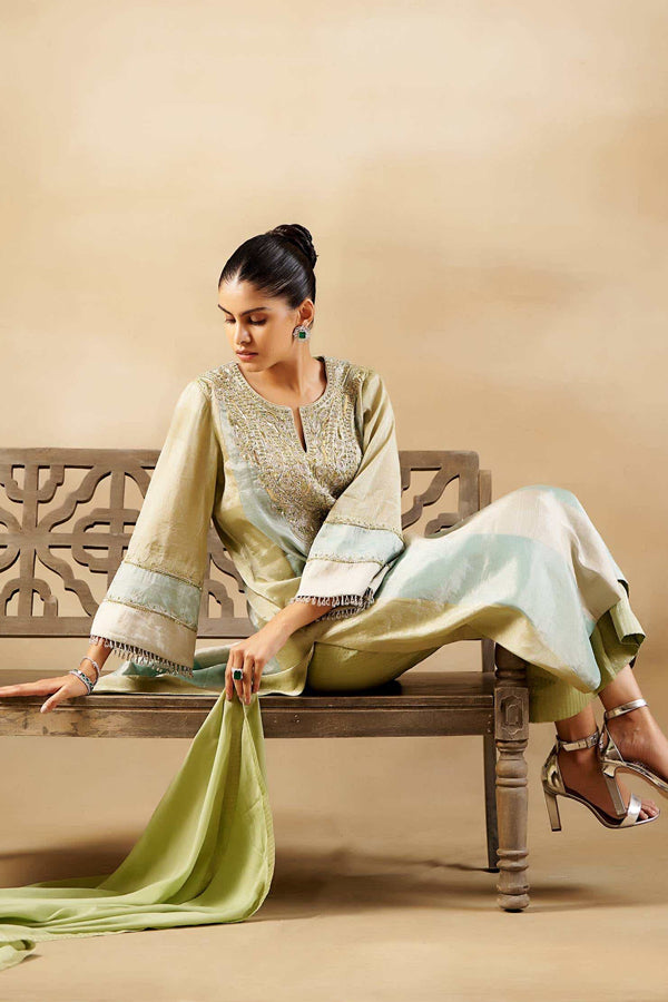 GREEN LONG KALIDAR SUIT SET WITH  BANARASI PALAZZO AND SILK DUPATTA