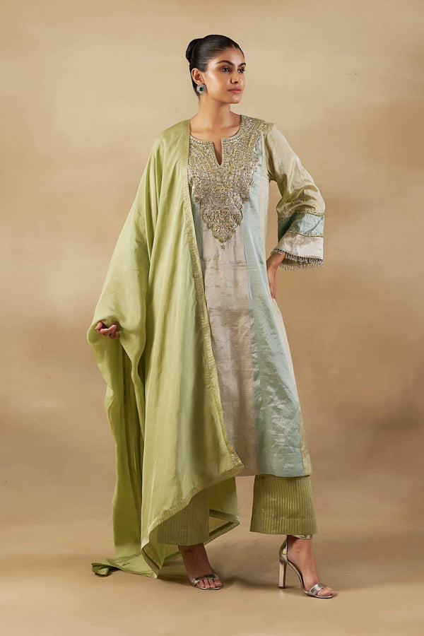 GREEN LONG KALIDAR SUIT SET WITH  BANARASI PALAZZO AND SILK DUPATTA