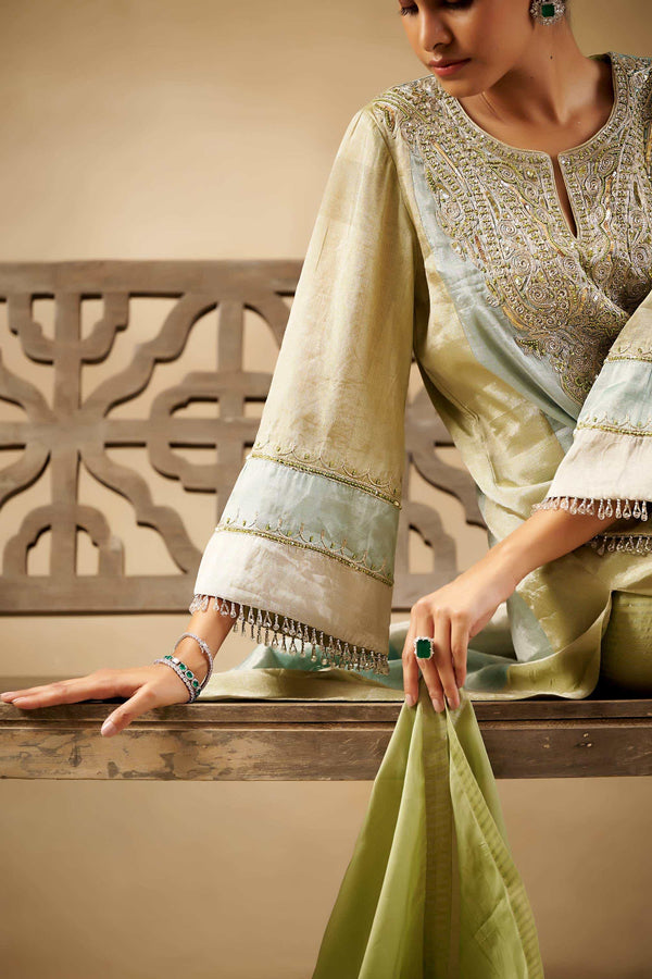 GREEN LONG KALIDAR SUIT SET WITH  BANARASI PALAZZO AND SILK DUPATTA