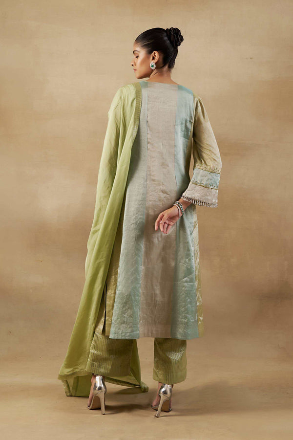 GREEN LONG KALIDAR SUIT SET WITH  BANARASI PALAZZO AND SILK DUPATTA