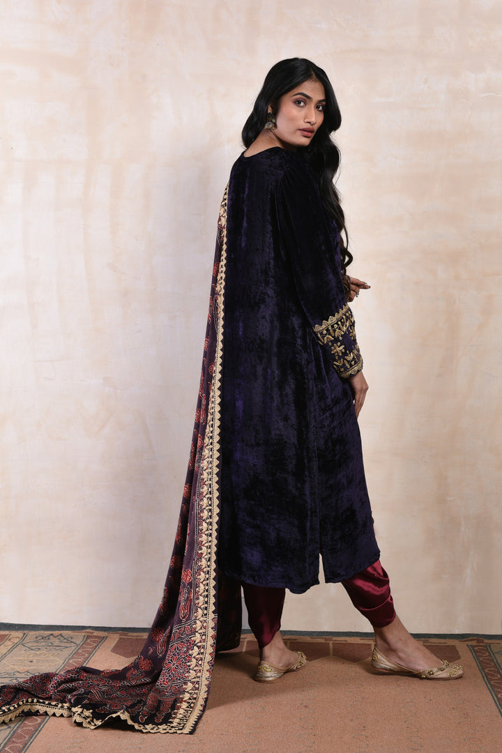 Black Velvet Kurta Set with Floral Printed Dupatta