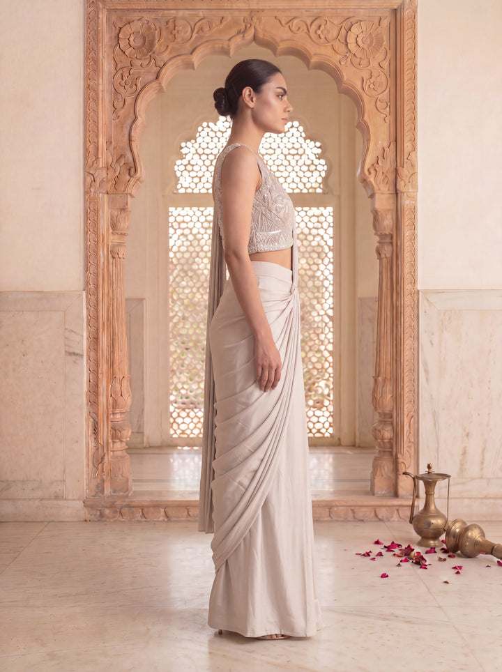 Silver-Grey Hand Embroidered Sequin Saree Set
