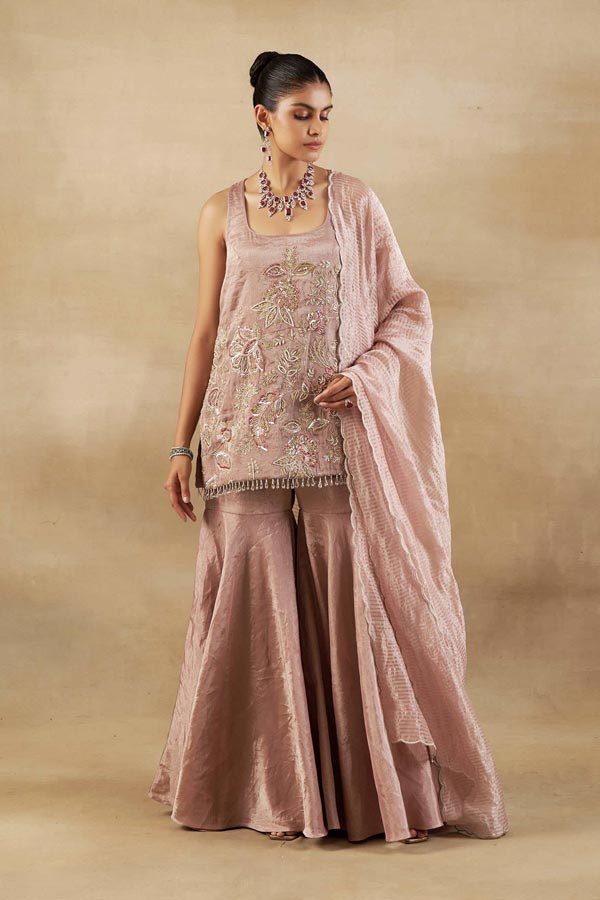 LILAC EMBROIDERED SHORT KURTA WITH SHARARA SET