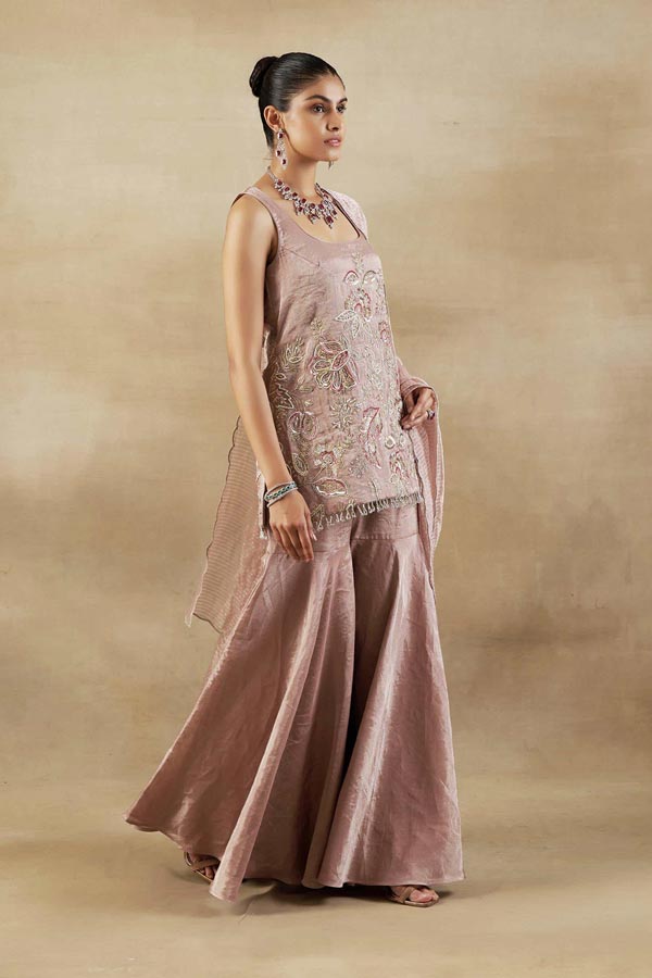 LILAC EMBROIDERED SHORT KURTA WITH SHARARA SET