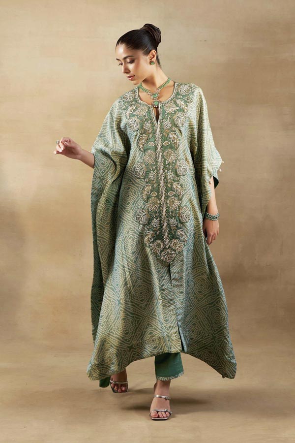 GREEN BANDHANI TISSUE EMBROIDERED KAFTAN WITH  SILK PANT