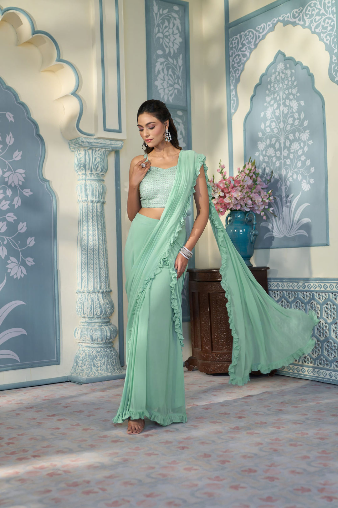 Pale Green Georgette Drape Saree with Belt