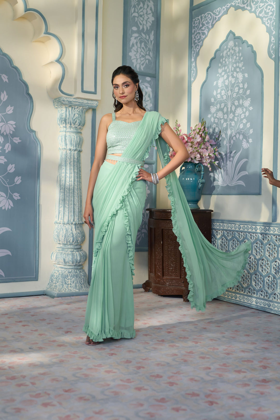 Pale Green Georgette Drape Saree with Belt