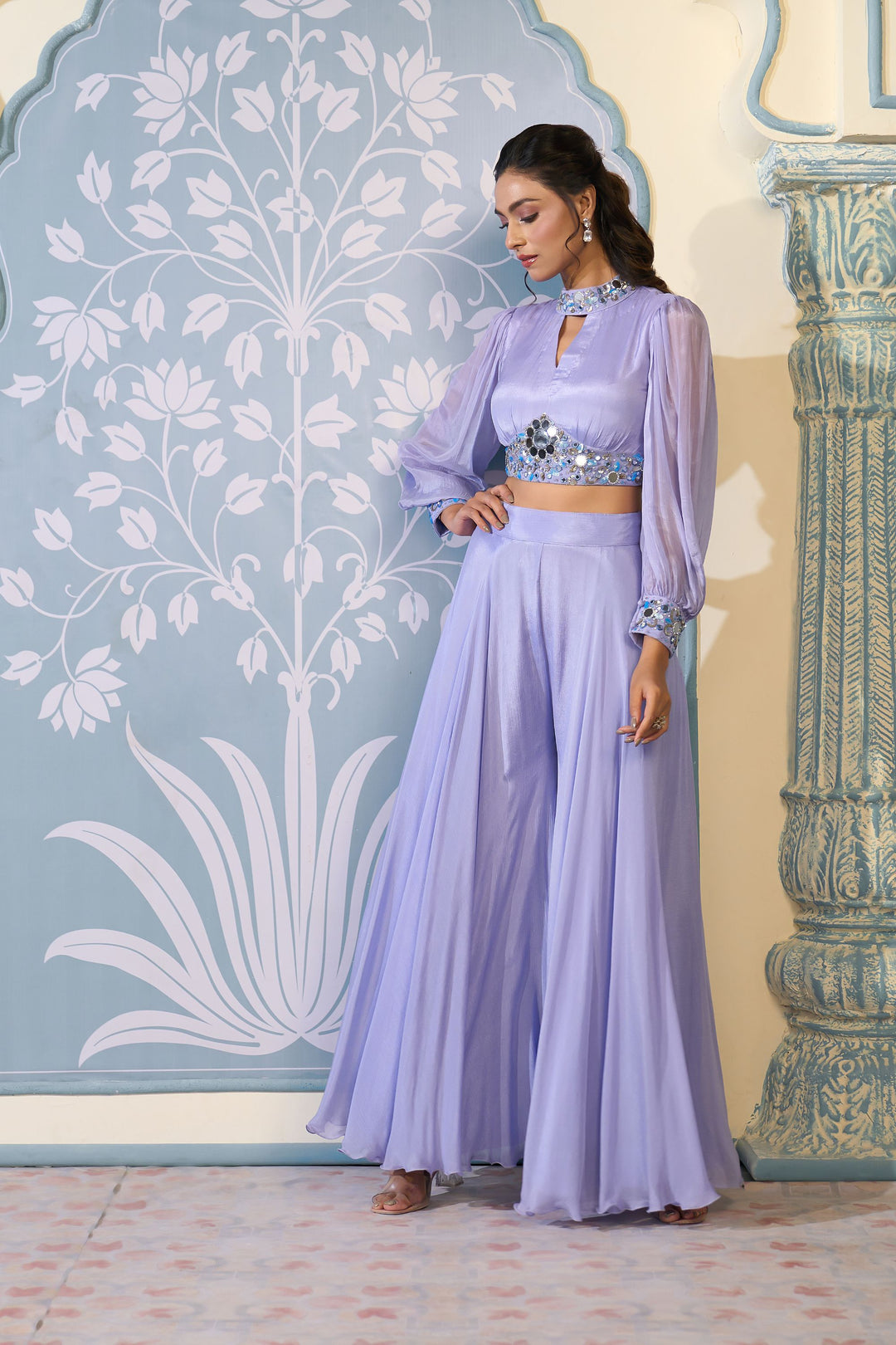 Embroidered Lavender Crop Top Sharara Set