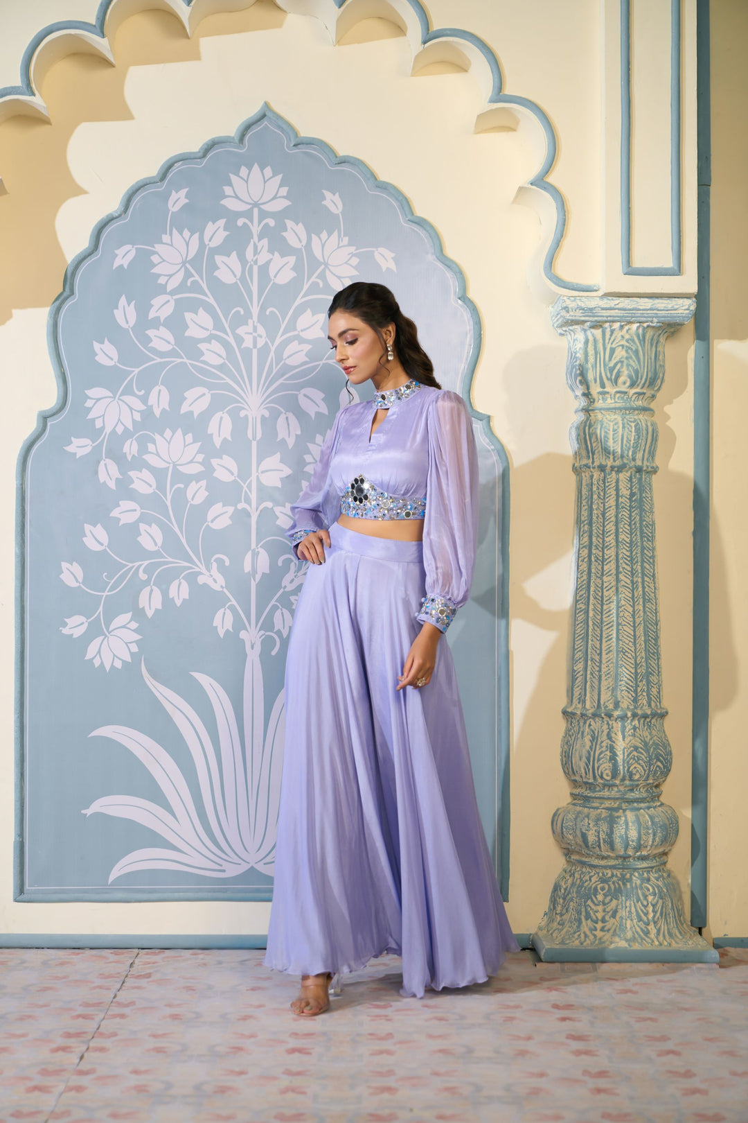 Embroidered Lavender Crop Top Sharara Set