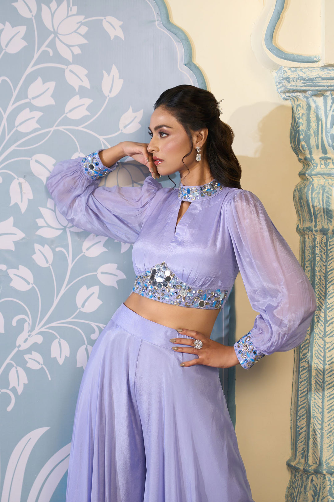 Embroidered Lavender Crop Top Sharara Set