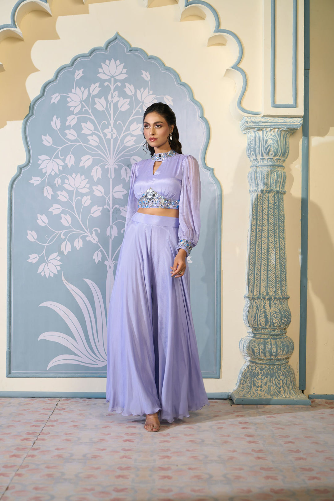 Embroidered Lavender Crop Top Sharara Set