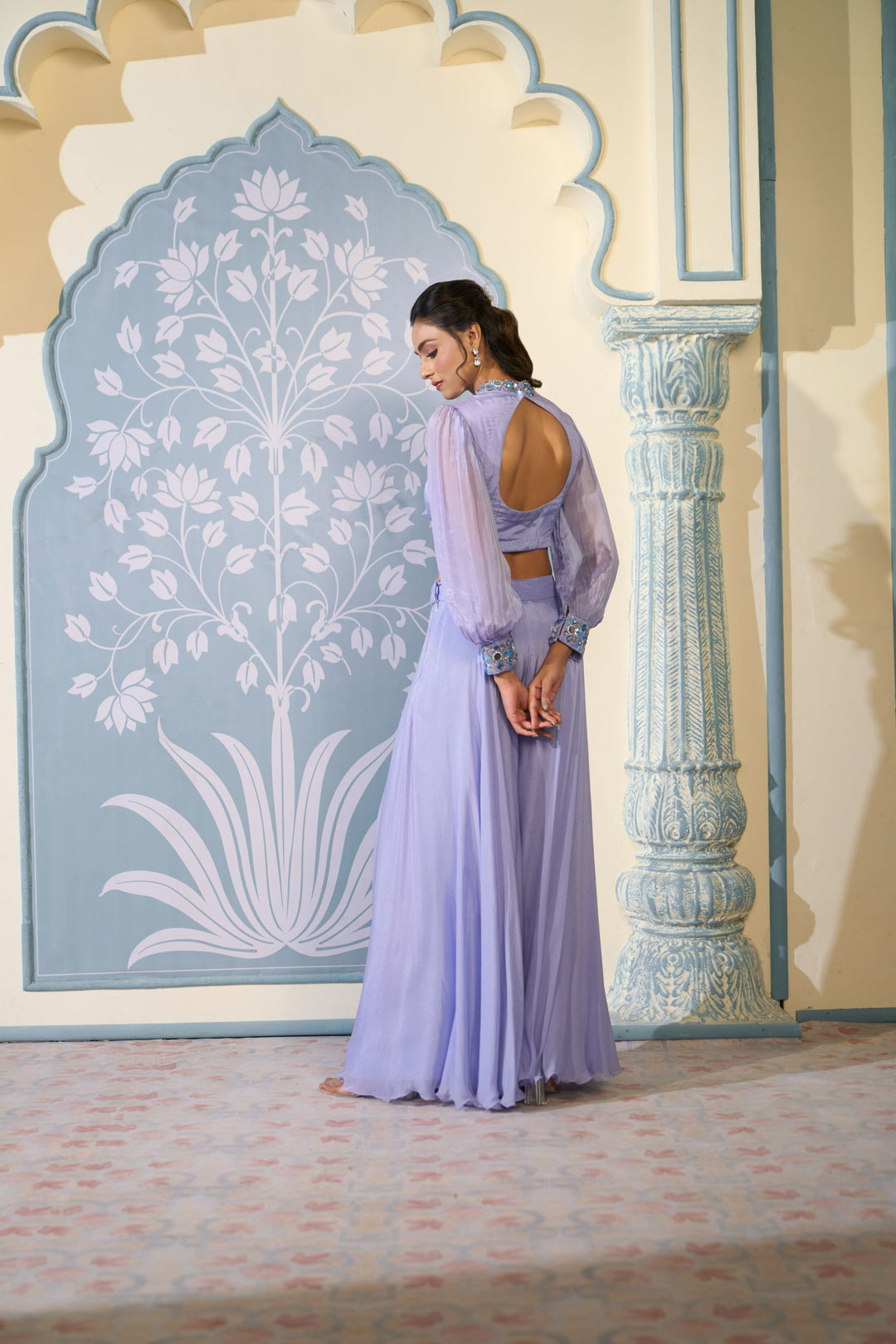 Embroidered Lavender Crop Top Sharara Set