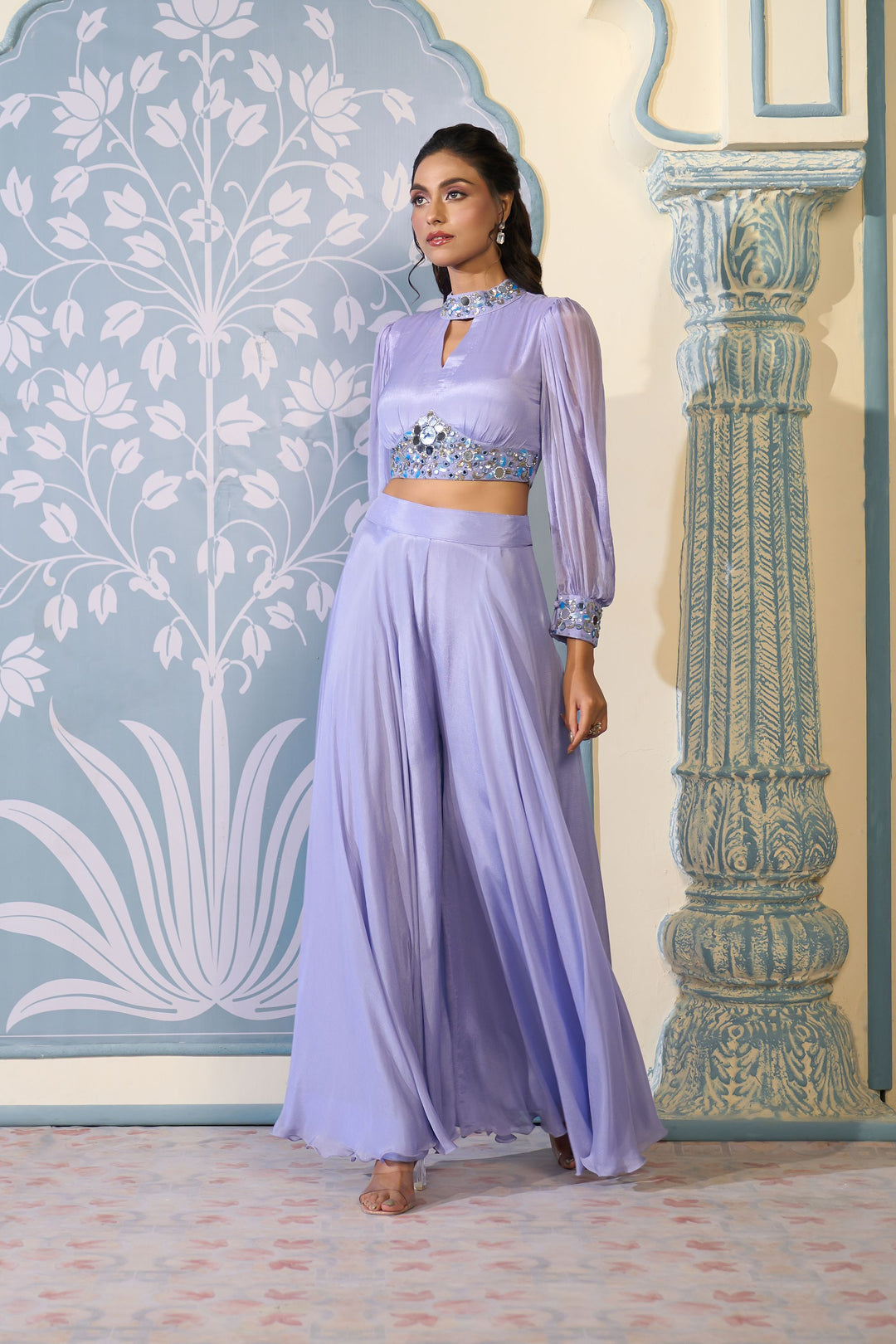 Embroidered Lavender Crop Top Sharara Set