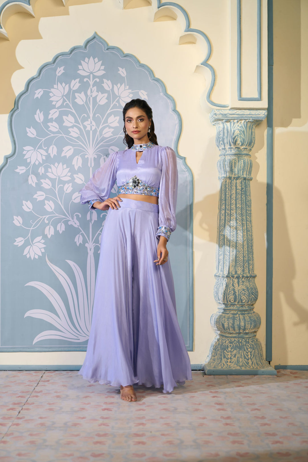 Embroidered Lavender Crop Top Sharara Set