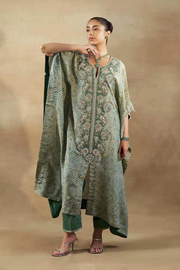 GREEN BANDHANI TISSUE EMBROIDERED KAFTAN WITH  SILK PANT