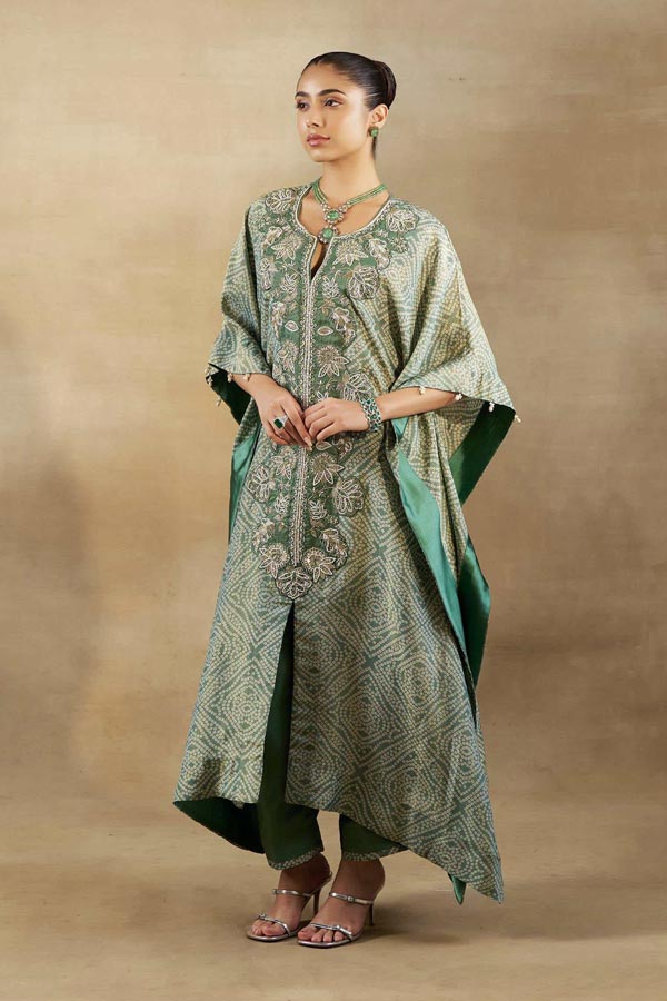 GREEN BANDHANI TISSUE EMBROIDERED KAFTAN WITH  SILK PANT