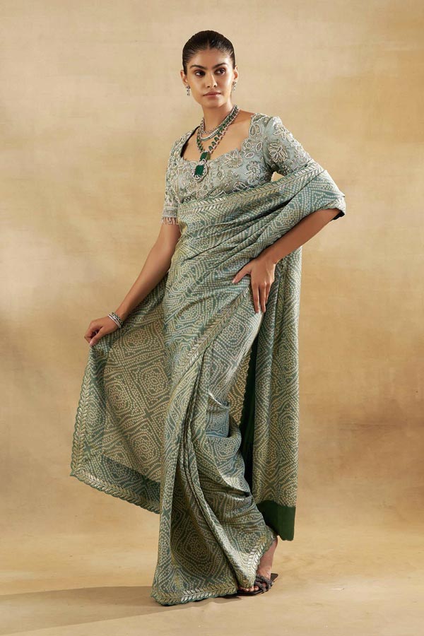 GREEN BANDHANI TISSUE SAREE WITH EMBROIDERED BLOUSE