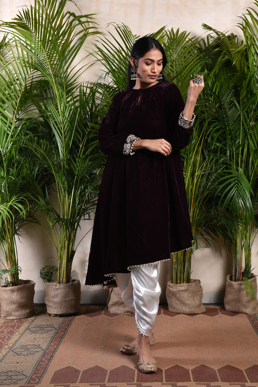 Black Velvet Circular Kurta with Tulip Pants